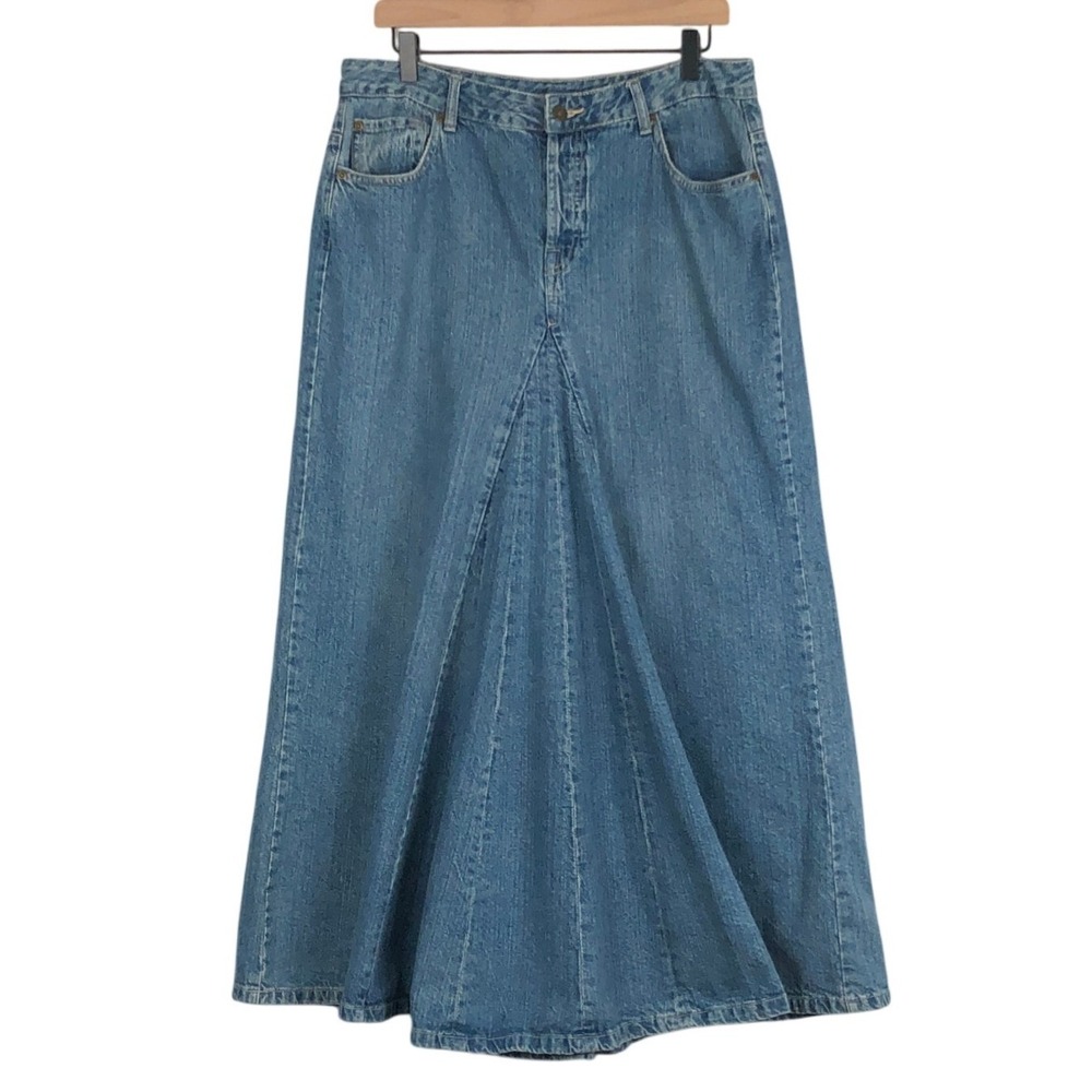 VTG JEANOLOGY Collection Blue Denim Maxi Skirt Sz 14 L Flared Godet Button Fly